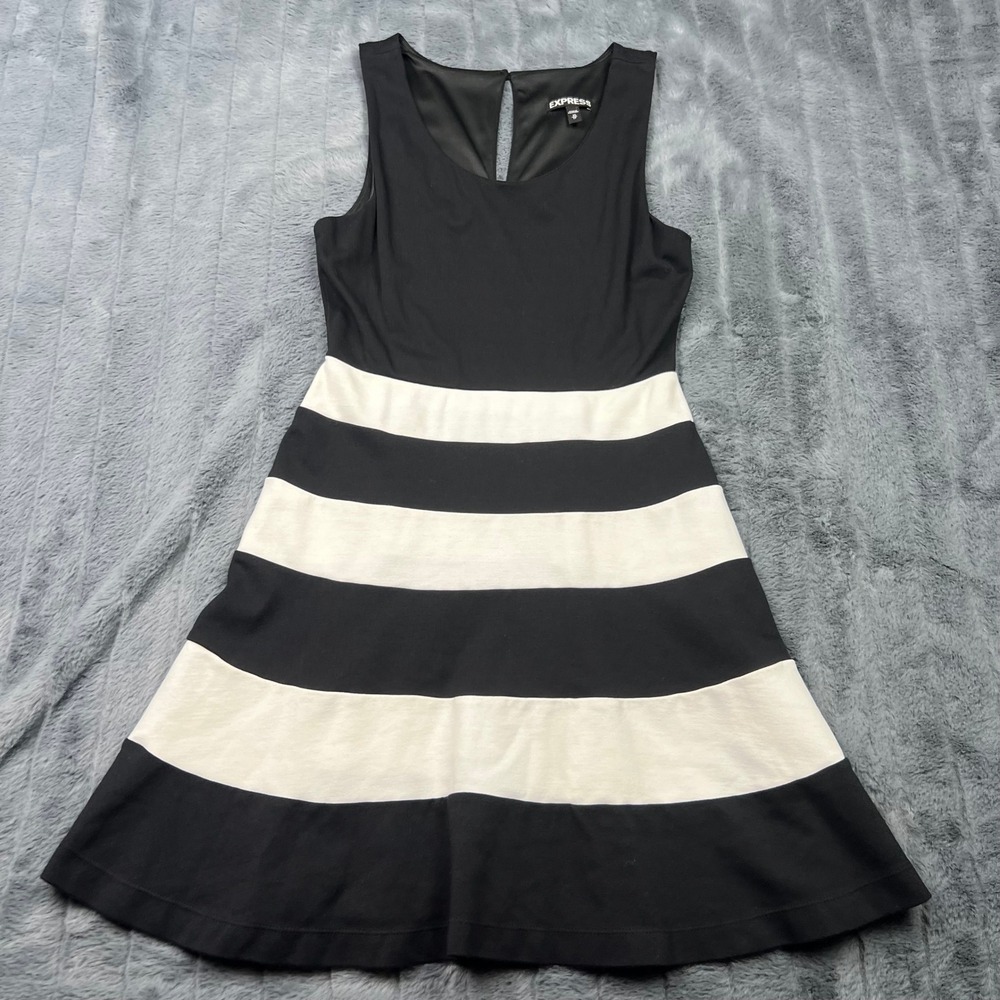 Express Womens Black White Striped Sleeveless Fit Flare Dress XS RN 55285